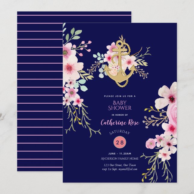 Convites Chá de fraldas Náutico Invite Flora Azul-Rosa Mari (Frente/Verso)