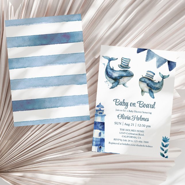 Convites chá de fraldas náutico Marinho "Bebê no Conselho" ("Baby on Board" Navy Nautical Baby Shower Invitation on a sunny neutral dry palm leaf.)