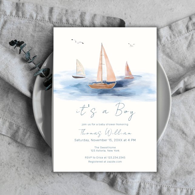 Convites Chá de fraldas Náutico Náutico Mínimo Neutro (Neutral Minimalist Nautical Sailboat Baby Shower Invitation)