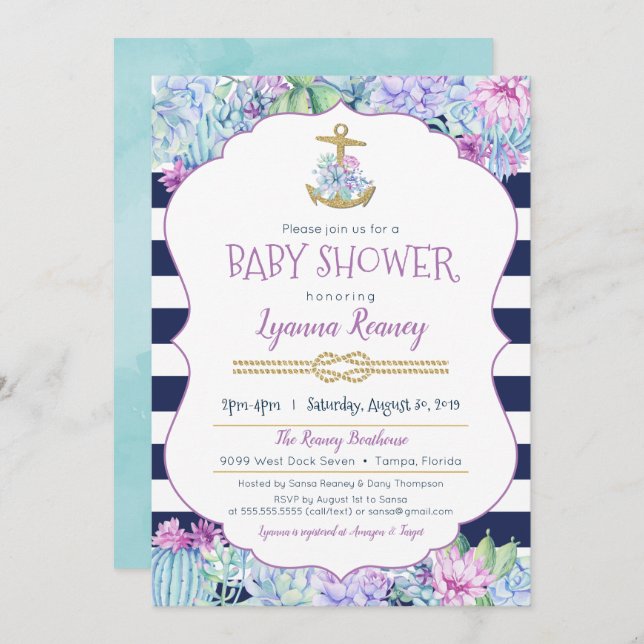 Convites Chá de fraldas Náutico Suculente Marinho Lavanda A (Frente/Verso)