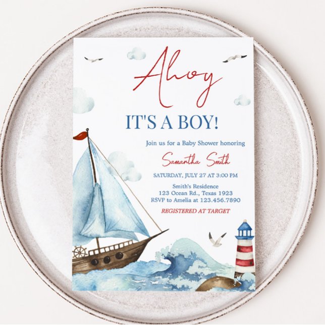 Convites Chá de fraldas Náutico Vermelho Azul (Ahoy It’s A Boy Baby Shower Invitation)