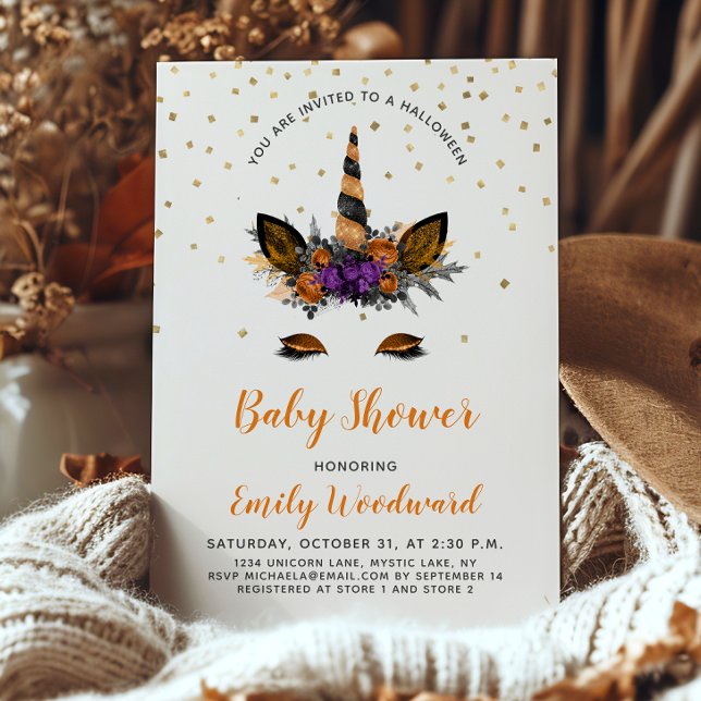 Convites Chá de fraldas Negro Laranja do Unicorn Halloween (Criador carregado)