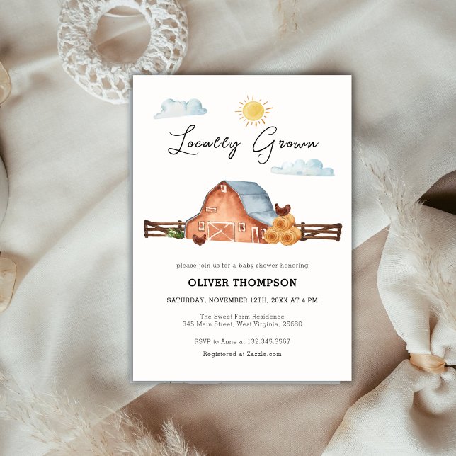 Convites Chá de fraldas neutro da Fazenda com crescimento l (Neutral Locally Grown Farm Barn Baby Shower Invitation)