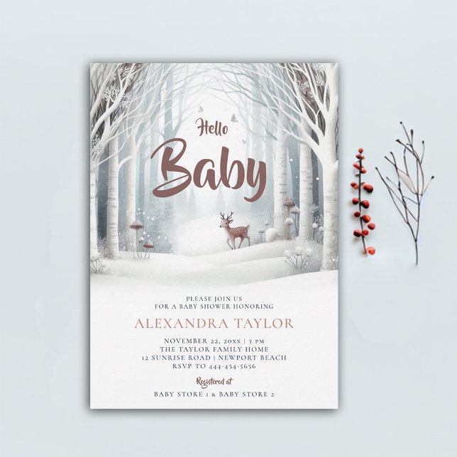 Convites Chá de fraldas neutro da floresta de inverno (winter baby shower invitation neutral white wonderland enchanted forest woodland deer cute)