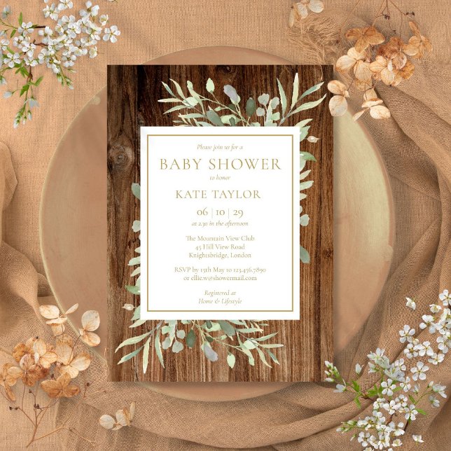 Convites Chá de fraldas Neutro Da Madeira Rústica | Sprinkl (Rustic Wood Greenery Floral Baby Shower Invitation)