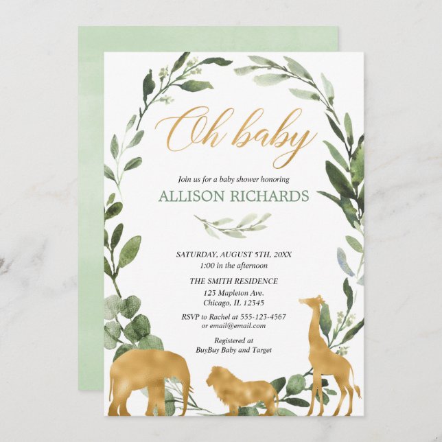 Convites Chá de fraldas neutro das hortaliças do safari do (Frente/Verso)