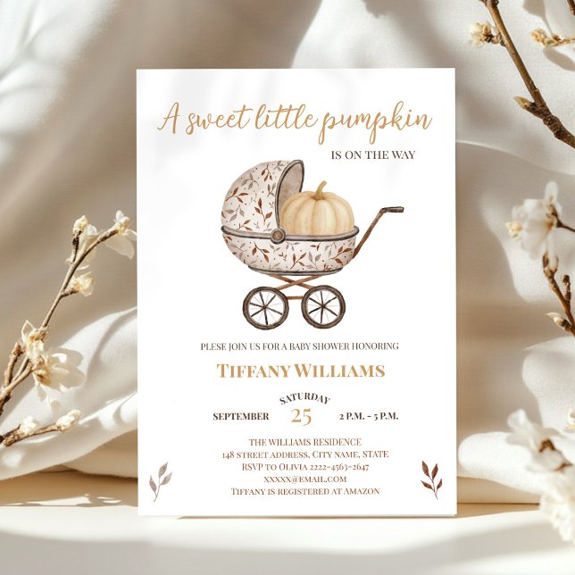 Convites Chá de fraldas neutro de abóbora de outono (A little pumpkin is on the way rustic retro stroller baby shower invitation )