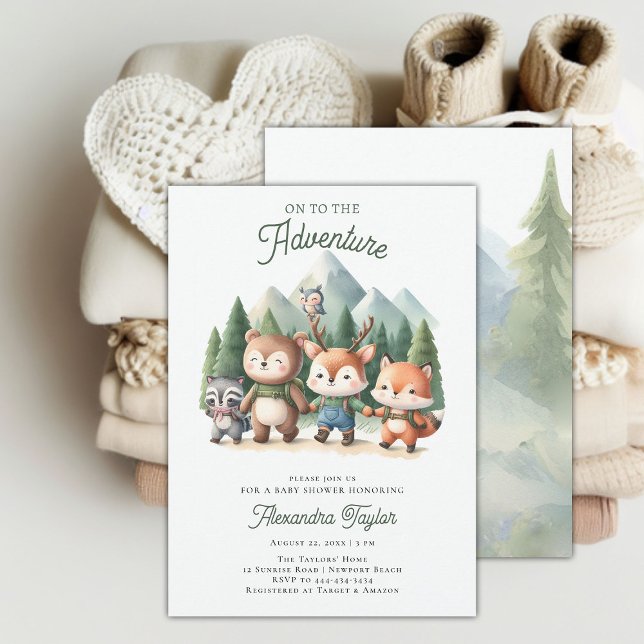 Convites Chá de fraldas Neutro de Animais da Floresta de Av (woodland adventure gender neutral baby shower invitation mountain forest cute animals hiking modern)
