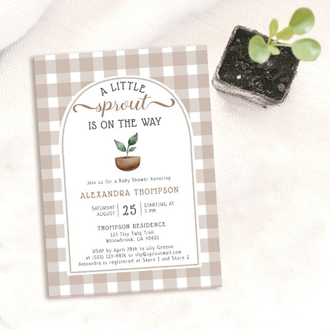 Convites Chá de fraldas Neutro de Aquarela de Pequeno Proto (little sprout baby shower invitation rustic girl boy neutral gingham plant boho arch cute watercolor)