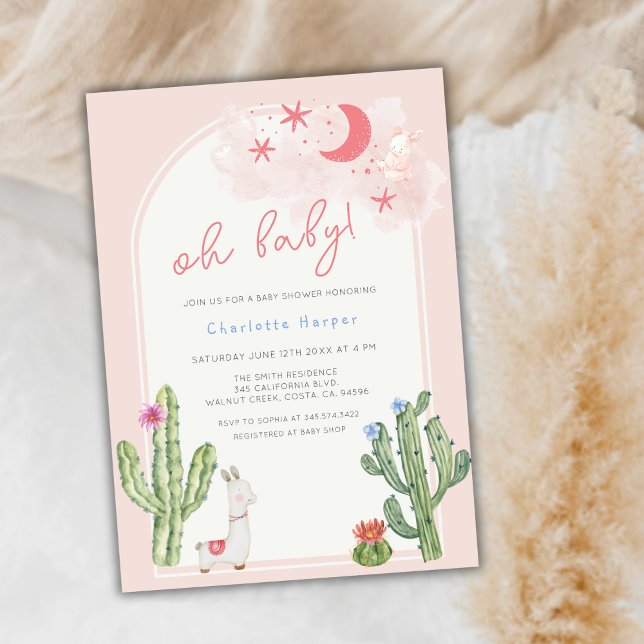 Convites Chá de fraldas Neutro de Arco Boho Rosa (Neutral Pink Boho Arch Cactus Baby Shower Invitation)
