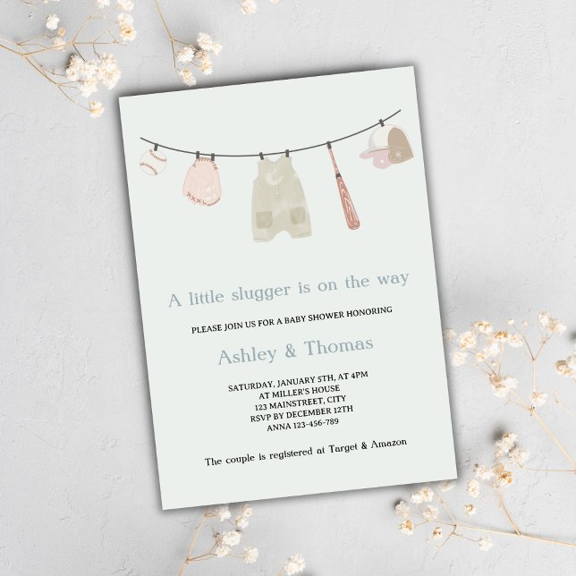 Convites Chá de fraldas neutro de baseball com pequeno raio (little slugger on the way baseball baby shower invitation gender neutral cute sports baby shower)