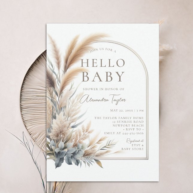 Convites Chá de fraldas Neutro de Boho Botânico Pampas Gras (pampas grass hello baby shower invitation gender neutral watercolor greenery botanical foliage boho )