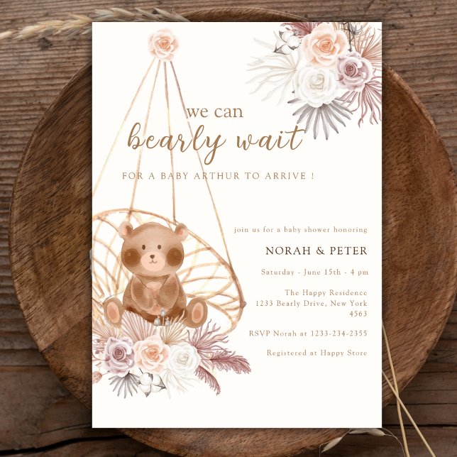 Convites Chá de fraldas Neutro de Boho Teddy Bear (Gender Neutral Boho Teddy Bear Baby Shower Invitation)
