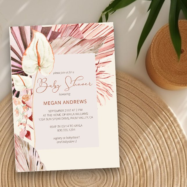 Convites Chá de fraldas Neutro de Folhagem Seca de Boho Pal (Neutral Baby Shower Invitation with boho palm leaves)