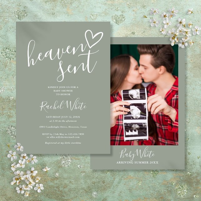 Convites Chá de fraldas Neutro de Foto Verde do Heaven Sage (Heaven Sent Sage Green Photo Neutral Baby Shower Invitation)
