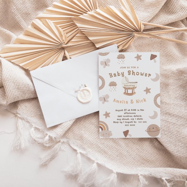 Convites Chá de fraldas neutro de gênero Boho Bassinet míni (Criador carregado)