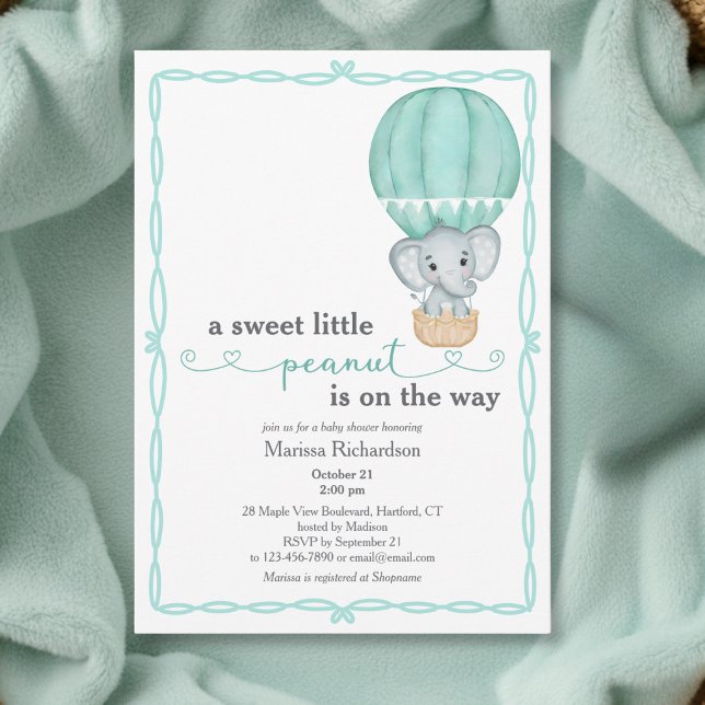 Convites Chá de fraldas Neutro de Gênero do Elefante Verde (elegant sweet little peanut green elephant balloon gender neutral baby shower invitation card)