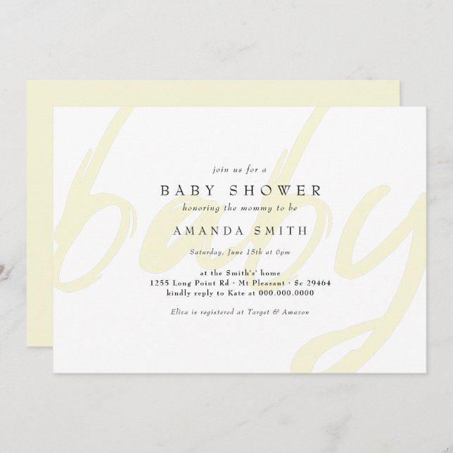 Convites Chá de fraldas Neutro de Gênero Mínimo Amarelo Pas (Frente/Verso)