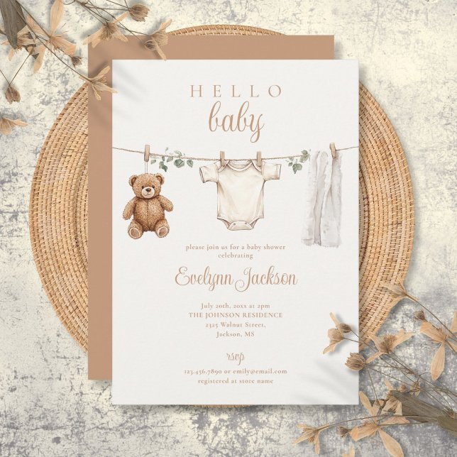 Convites Chá de fraldas Neutro de Linha de Fechamento de Aq (Watercolor Clothesline Neutral Baby Shower Invitation)
