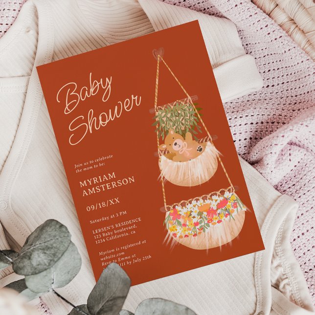 Convites Chá de fraldas neutro de sexo (Cute boho teddy bear gender neutral baby shower invitation on terracotta)