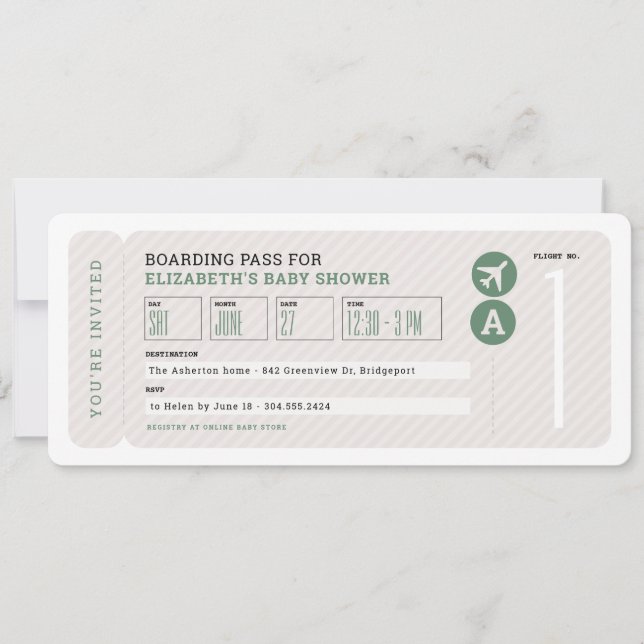 Convites Chá de fraldas neutro de viagem de bilhetes de avi (Frente)