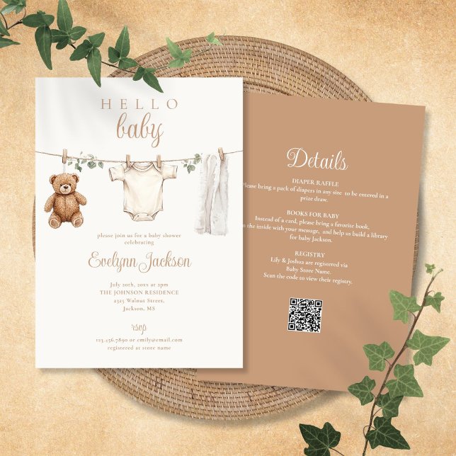 Convites Chá de fraldas Neutro De Vínculo Sexo Todos Em Um (Clothesline Gender Neutral Baby Shower All In One Invitation)