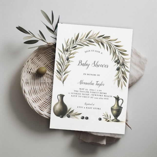 Convites Chá de fraldas Neutro do Arco do Bordo da Oliveira (olive branch gender neutral baby shower invitation boho arch watercolor modern minimalist elegant)