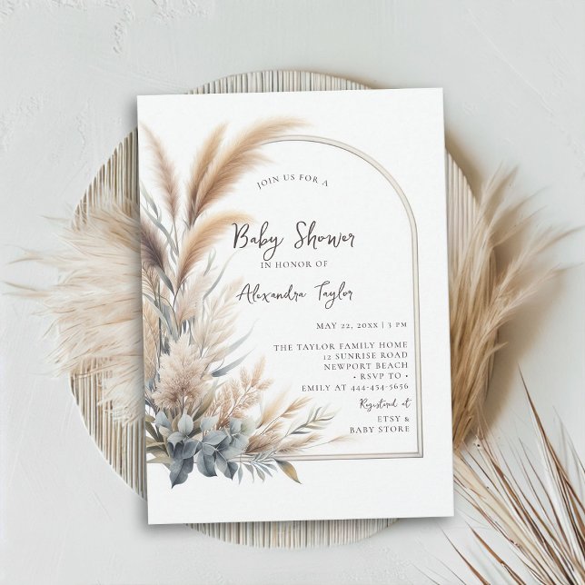 Convites Chá de fraldas Neutro do Arco Verde Pampas (pampas grass baby shower invitation gender neutral watercolor greenery botanical foliage simple boho)