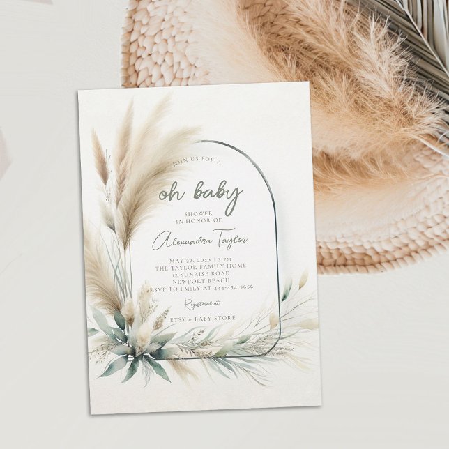 Convites Chá de fraldas Neutro do Arco Verde Sage Pampas Gr (pampas grass oh baby shower invitation gender neutral watercolor greenery botanical foliage boho )