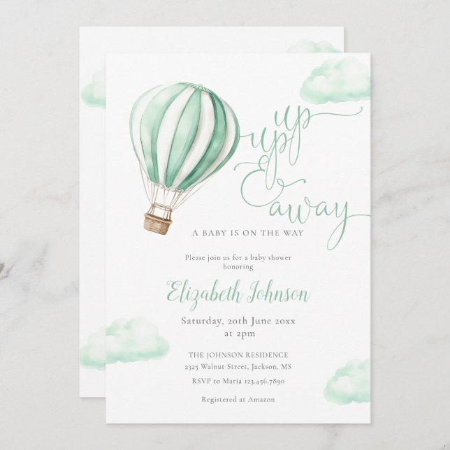 Convites Chá de fraldas Neutro Do Balão De Ar Quente Para C (Frente/Verso)
