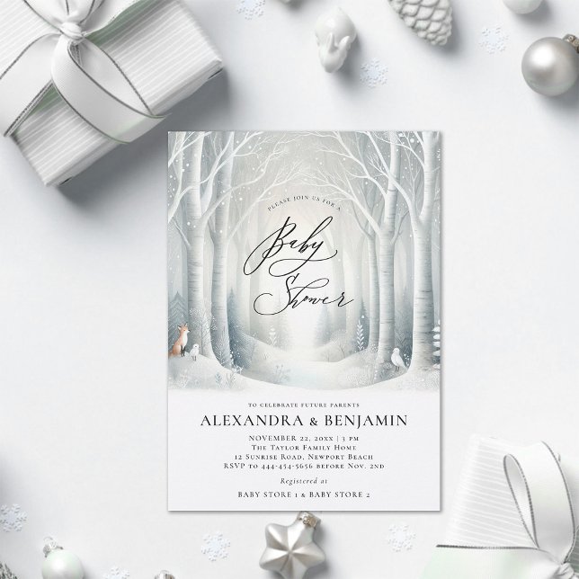 Convites Chá de fraldas Neutro do Coed da Floresta Solar de (winter baby shower invitation neutral white wonderland enchanted forest woodland fox bird cute coed )