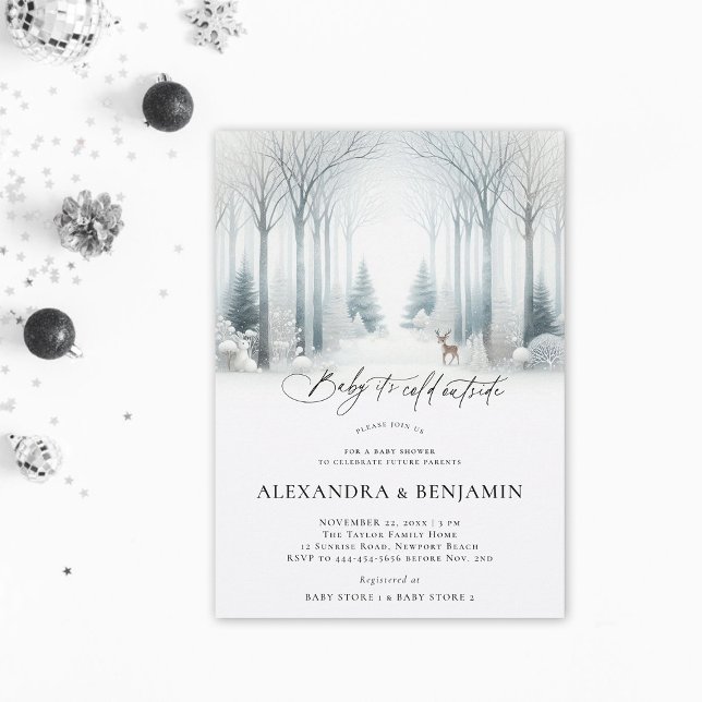 Convites Chá de fraldas Neutro do Coed Neve da Floresta Bra (cold outside winter baby shower invitation neutral white wonderland enchanted forest woodland coed)