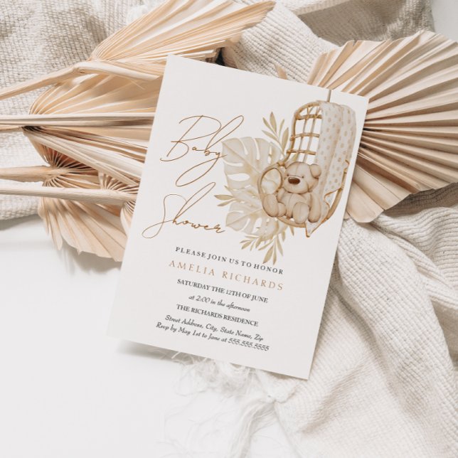 Convites Chá de fraldas neutro do Urso de Boho (Criador carregado)