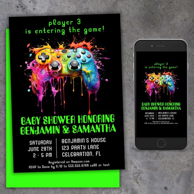 Convites Chá de fraldas neutro para jogadores de vídeo (Criador carregado)