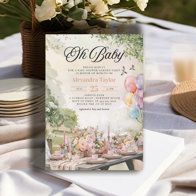 Convites Chá de fraldas Neutro Russo Elegante do Jardim de  (garden party baby shower invitation summer watercolor painted neutral modern elegant rustic)