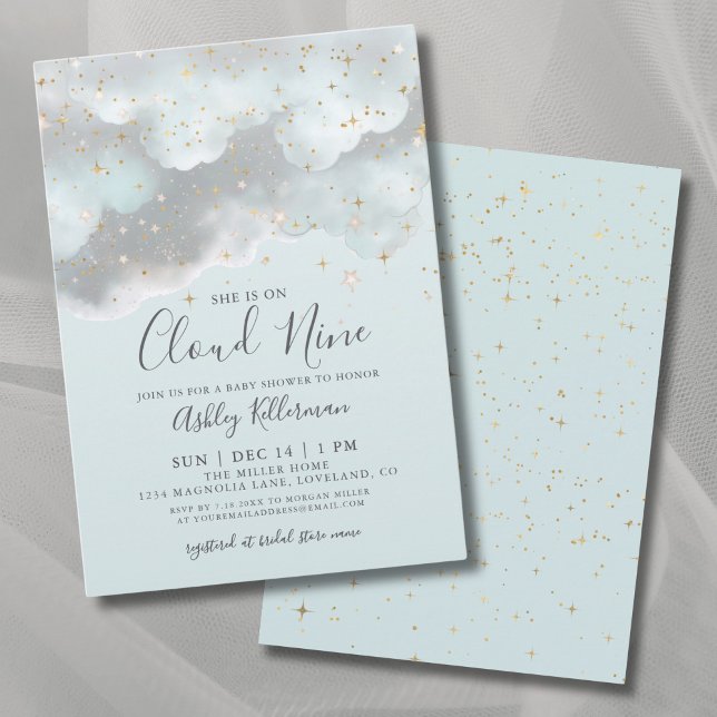 Convites Chá de fraldas Nine da Nuvem de Aquarela Azul (Blue Watercolor Cloud Nine Baby Shower Invitation)