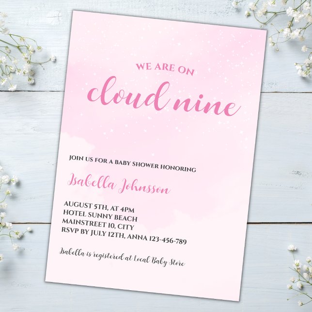 Convites Chá de fraldas Nine Pink Clouds Baby Girl (cloud nine baby girl shower invitation pink clouds)