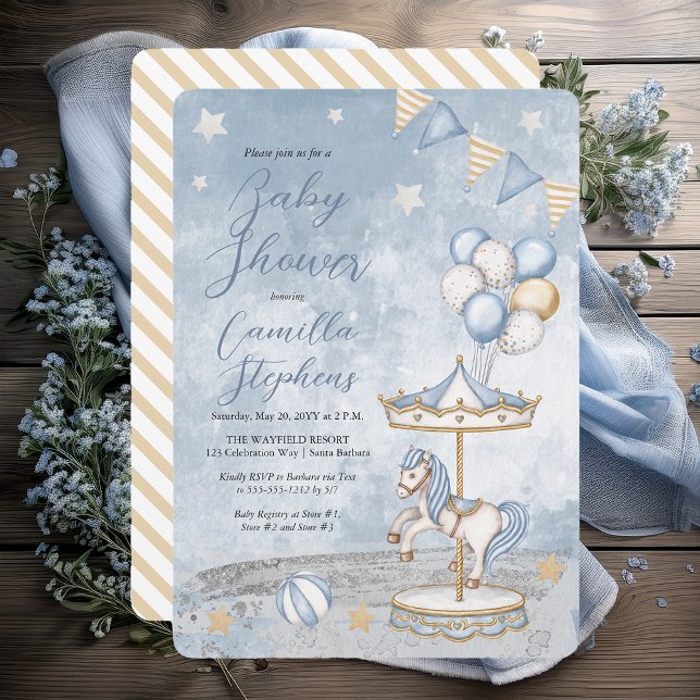Convites Chá de fraldas Nostálgico do Carrossel Costeiro (Nostalgic Coastal Carousel Themed Boy Baby Shower Invitation - Print | Digital Download)