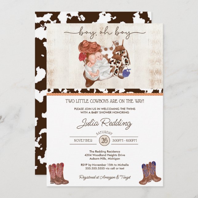 Convites Chá de fraldas Ocidental dos Gêmeos Pequenos Cowbo (Frente/Verso)