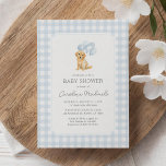 Convites Chá de fraldas ouro Retriever Blue Gingham<br><div class="desc">Convide amigos e família para compartilhar a alegria da sua chegada com este elegante convite para o chá de fraldas de recuperação de ouro gingham azul.</div>