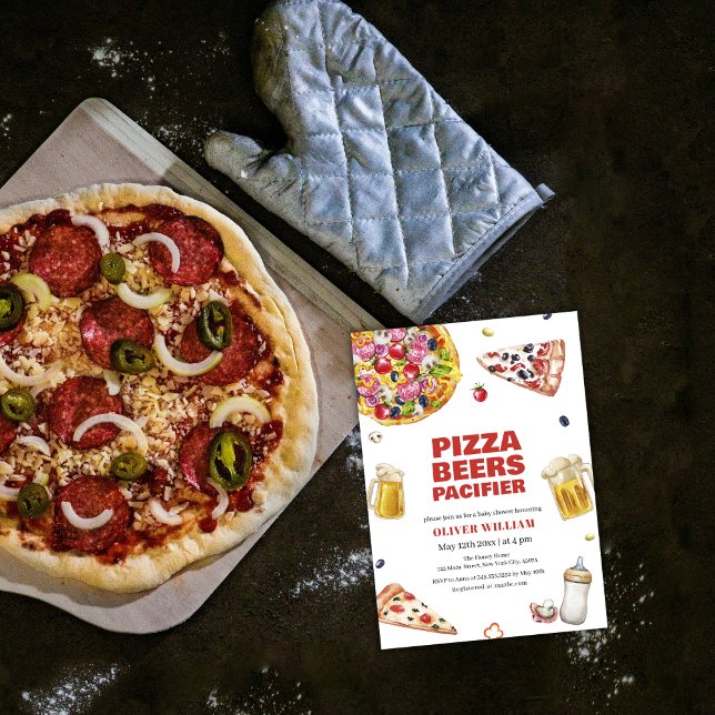 Convites Chá de fraldas Pacificador de Cerveja de Pizza Fat (Italian Slice Pizza Beer Pacifier Baby Shower Invitation)