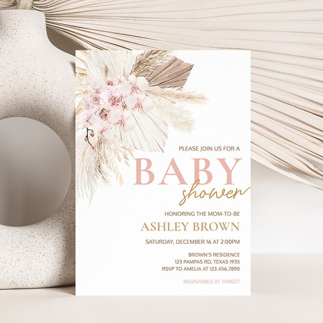 Convites Chá de fraldas Pampas Boho Floral Rosa (Girl Pampas Grass Baby Shower Invitation)