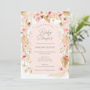 Convites Chá de fraldas Pampas floral floral cor-de-rosa c