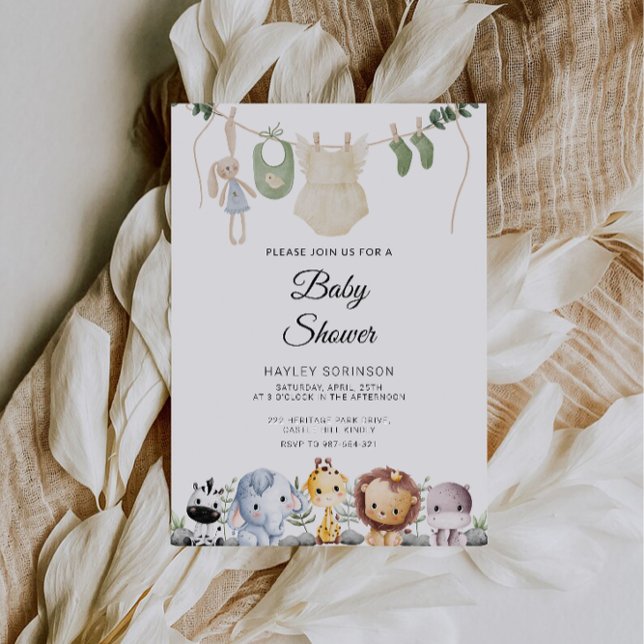 Convites Chá de fraldas para bebês | Prendendo Vestuário Do (Baby Animal Baby Shower | Hanging Baby Clothing Invitation)