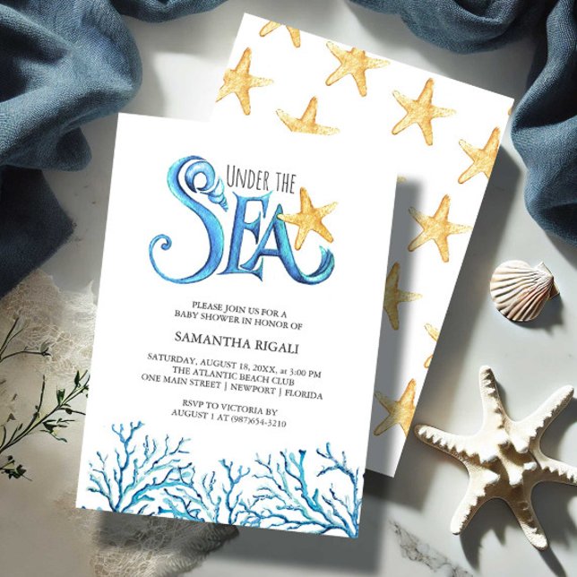 Convites Chá de fraldas para BoyInvices Watercolor Sea (Boy baby shower invitations ocean theme under the sea watercolor art Victoria Grigaliunas)