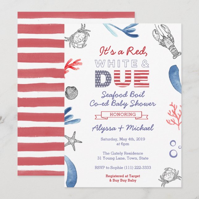 Convites Chá de fraldas para ferver marisco, branco vermelh (Frente/Verso)