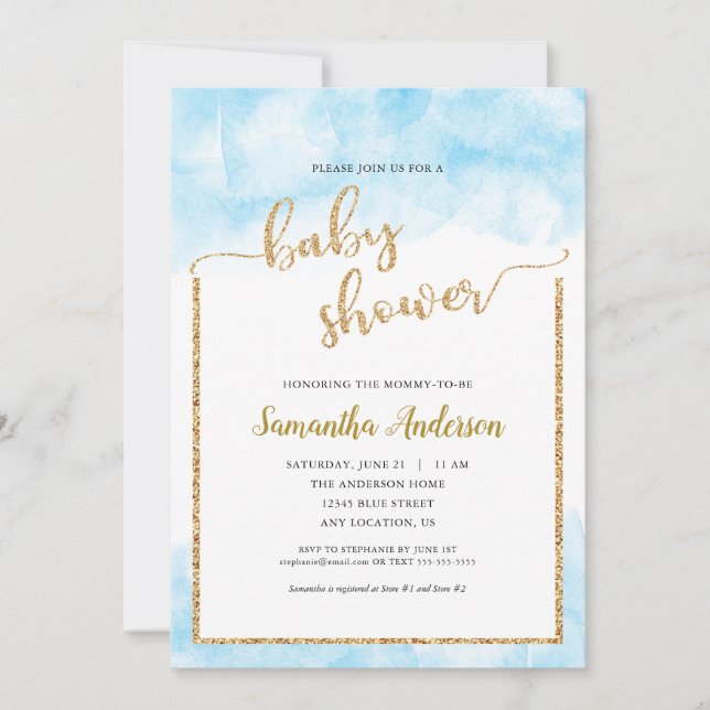 Convites Chá de fraldas para Garoto Blue Watercolor Glitter (Frente)