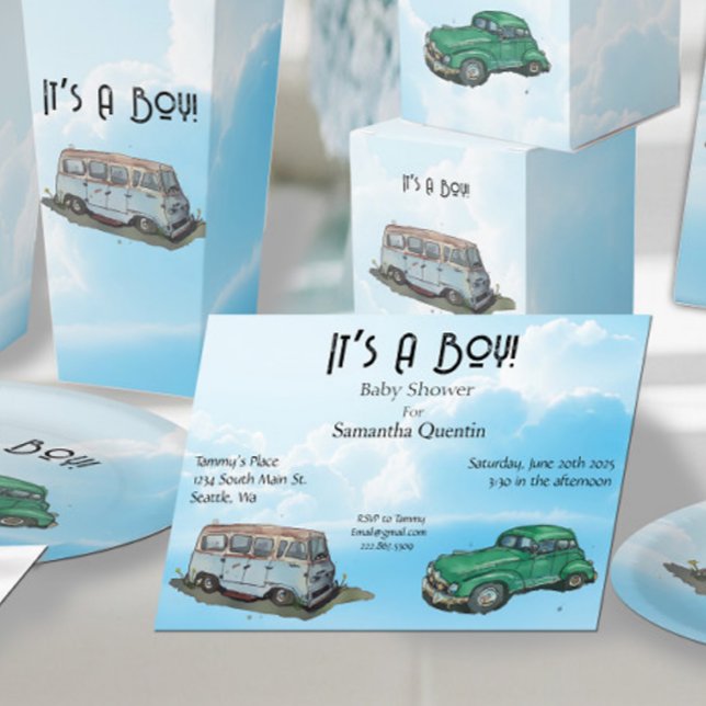 Convites Chá de fraldas para um menino, van e sedan (Criador carregado)