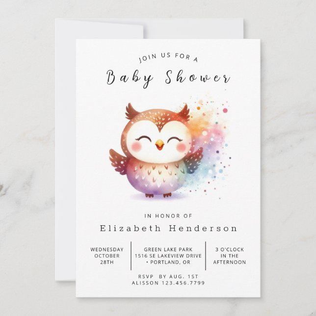 Convites Chá de fraldas Pastel Online Owl (Frente)