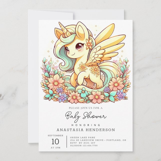 Convites Chá de fraldas Pastel Unicorn (Frente)